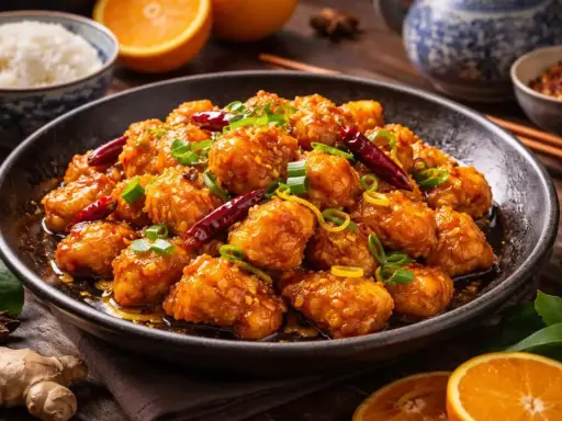 En skål med krispig, glaserad orange chicken, toppad med chili och salladslök. Serveras med ris och apelsinskivor.