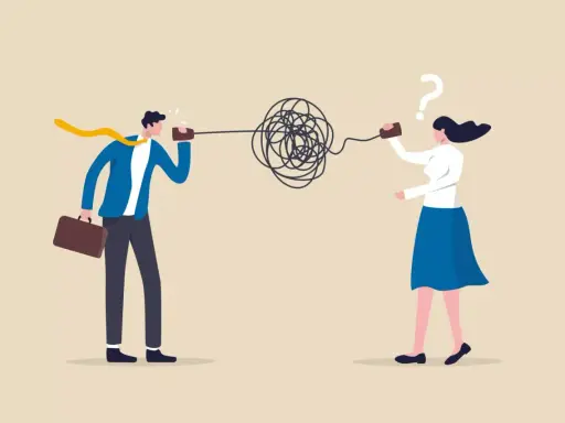 Un hombre y una mujer intentan comunicarse con latas y cuerdas, pero el mensaje se enreda, ilustrando la falta de comunicación efectiva.