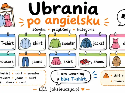 Ubrania po angielsku: T-shirt, shirt, sweater, jacket, dress, trousers, jeans, skirt, shoes, coat. "I am wearing a blue T-shirt.