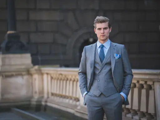 A man in a sharp grey suit, vest, and blue tie exemplifies formal cocktail attire for men, ready for any elegant event.