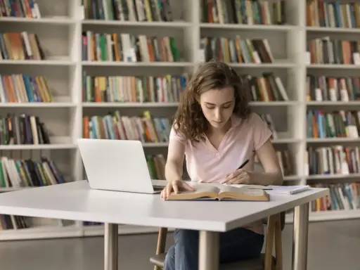 Młoda kobieta uczy się w bibliotece, zastanawiając się, czy studia chemiczne to dobry wybór.