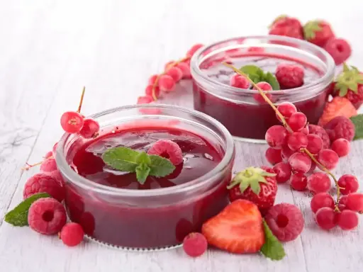 Due coppette di coulis di lamponi, guarnite con lamponi freschi, ribes e foglie di menta, circondate da fragole e frutti di bosco.