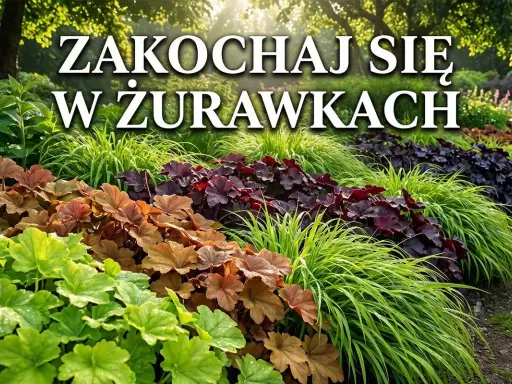 Piękny ogród z żurawkami w różnych odcieniach zieleni, brązu i purpury. Wspaniała inspiracja do żurawki uprawa.