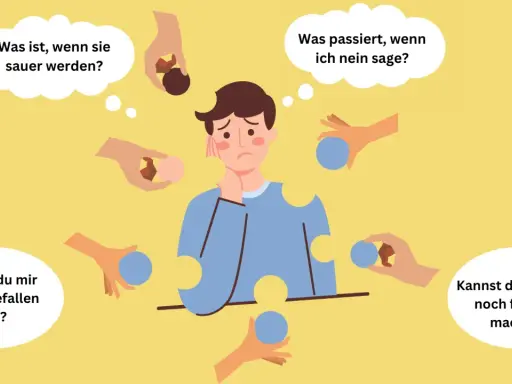 Ein Mann ist von vielen Händen umgeben, die ihm Bälle anbieten. Er wirkt besorgt und denkt über die Psychologie nach, es allen recht machen zu wollen.