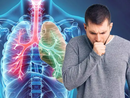 Mann hustet, Lunge mit COPD-Symptomen. Appetitlosigkeit kann ein Zeichen sein.