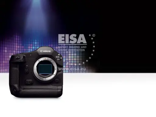 Profesjonalny aparat Canon EOS R1, jeden z najnowszych modeli, z logo EISA.