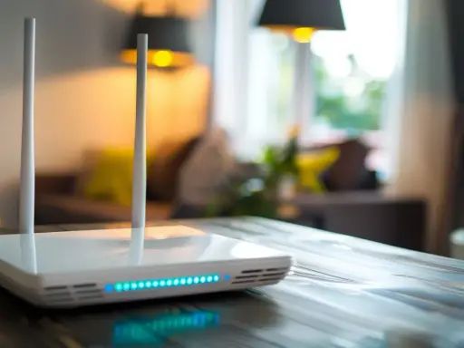 Moderner WLAN-Router mit Antennen und blauen LEDs. Er steht auf einem Holztisch und symbolisiert schnelles Internet, was bedeutet 500 Mbit/s.