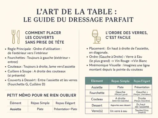 Guide pour poser les couverts à la française : fourchettes à gauche, couteaux à droite, lame vers l'assiette. Le dessert se place entre l'assiette et les verres.