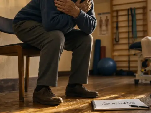 Un homme âgé, assis, se prépare pour un test assis-debout. Il semble difficile pour lui de rester debout longtemps.