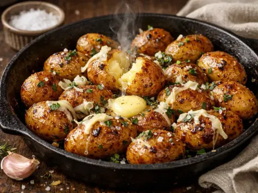 Pommes de terre grenaille au four, dorées et fondantes, garnies de fromage et de persil, avec une noix de beurre qui fond.