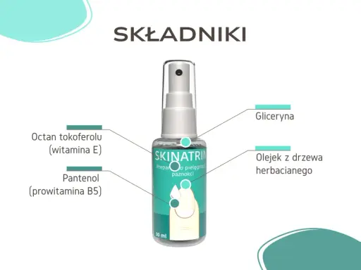 Skinatrin – preparat do pielęgnacji paznokci z witaminą E, pantenolem, gliceryną i olejkiem z drzewa herbacianego.