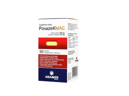 Opakowanie suplementu diety PotazeKMag, zawierające 50 kapsułek. Potas i magnez wspierają prawidłowe ciśnienie krwi, zmniejszają zmęczenie i wspierają mięśnie.