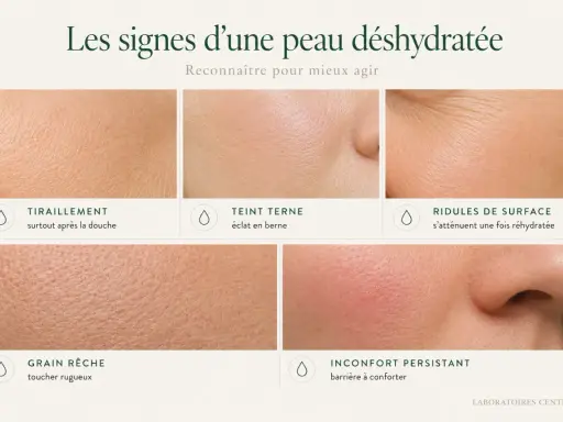 Les signes d'une peau déshydratée : tiraillements, teint terne, ridules, grain rêche et inconfort. Reconnaître ces signes pour mieux agir.
