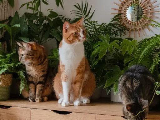 Trzy koty wśród bujnej zieleni. Wokół nich rosną kwiaty bezpieczne dla kota, tworząc przytulną, naturalną przestrzeń.