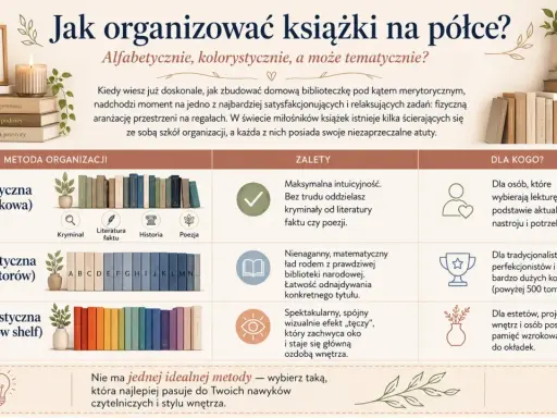 Trzy metody organizacji książek: tematyczna, alfabetyczna i kolorystyczna. Każda z nich ma swoje zalety i jest dla innego typu czytelnika.