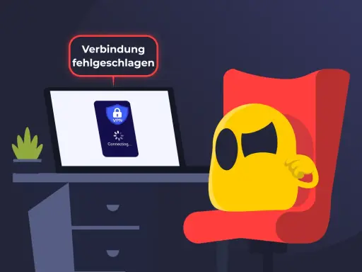 Gelbe Figur sitzt frustriert vor Laptop, der VPN-Verbindungsprobleme anzeigt. "Verbindung fehlgeschlagen" steht über dem Bildschirm.