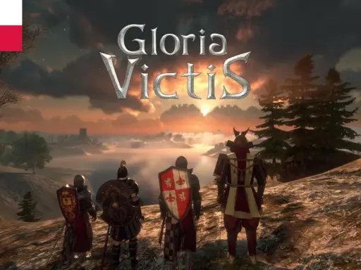 Rycerze w zbrojach patrzą na zachód słońca. Nad nimi logo gry Gloria Victis. Polska flaga w lewym górnym rogu.