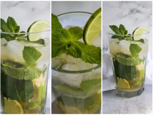Erfrischender caipirinha alkoholfrei mit viel Minze und Limette auf Eis.
