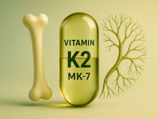 Żółta kapsułka z napisem "VITAMIN K2 MK-7" między kością a drzewem.