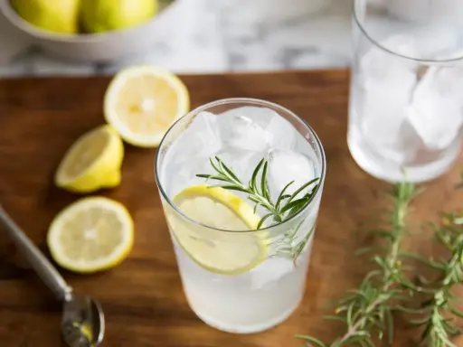 Orzeźwiający gin i tonic z plasterkiem cytryny i gałązką rozmarynu, otoczony świeżymi cytrynami.