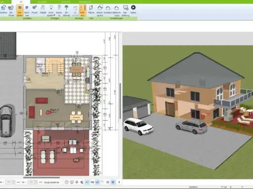 Grundriss eines amerikanischen Hauses mit zwei Autos auf dem Hof und einem 3D-Modell des Hauses daneben.