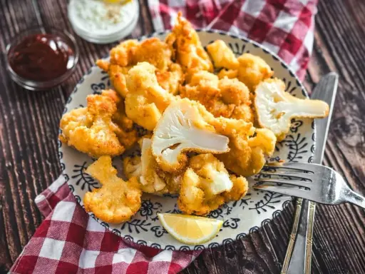 Knusprig panierter Blumenkohl, eine köstliche low carb Alternative zu Pommes. Serviert mit Dips und Zitrone auf einem Holztisch.
