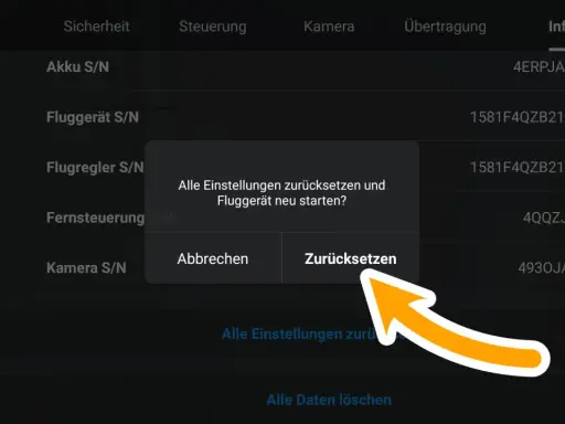 DJI Spark App: Dialogfeld fragt, ob alle Einstellungen zurückgesetzt und das Fluggerät neu gestartet werden sollen.