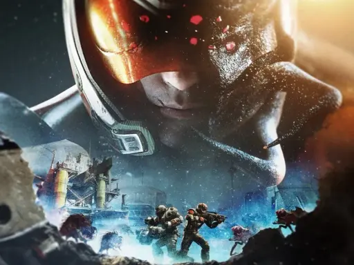 Żołnierze walczą z potworami w mroźnym krajobrazie, podczas gdy gigantyczna postać w hełmie obserwuje ich z góry. To kluczowy moment w grze Phoenix Point.