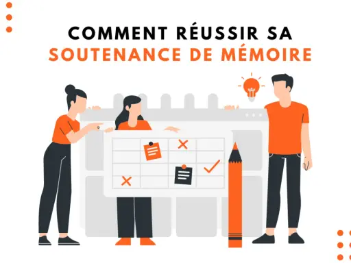 Trois personnes planifient comment commencer une soutenance de mémoire avec un tableau et un crayon géant.