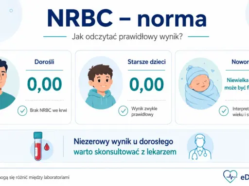NRBC - norma. U dorosłych i starszych dzieci wynik 0,00 jest prawidłowy. U noworodków niewielka obecność NRBC może być fizjologiczna.