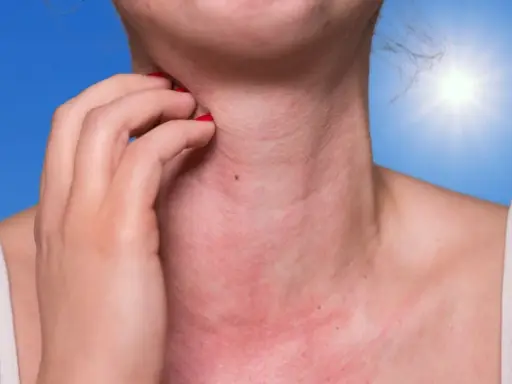 Une personne se gratte le cou rouge et irrité, peut-être à cause de boutons de soleil sur le visage et le corps. Le soleil brille intensément en arrière-plan.