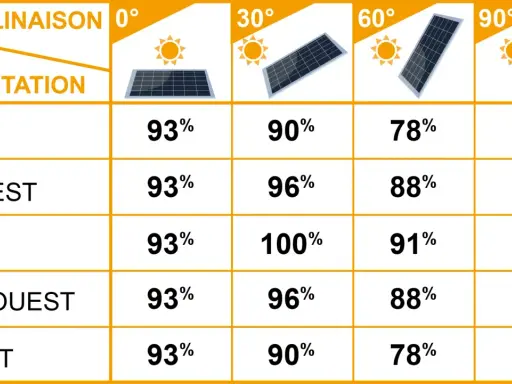 Tableau de simulation d'orientation et d'inclinaison de panneaux solaires, montrant l'efficacité selon l'angle et la direction.