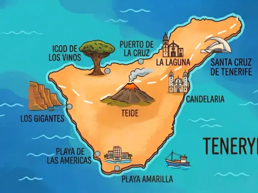 Mapa Teneryfy z zaznaczonymi atrakcjami: wulkan Teide, Los Gigantes, La Laguna, Puerto de la Cruz, Santa Cruz. Tu jest Teneryfa!