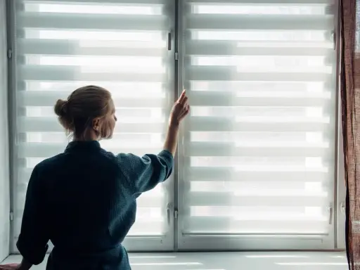 Une femme ajuste un store enrouleur blanc, laissant entrer la lumière du jour.
