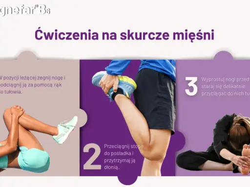 Ćwiczenia na skurcze łydek: leżąc, podciągnij nogę do tułowia, przyciągnij stopę do pośladka, a następnie wyprostuj nogi i pochyl się do przodu.