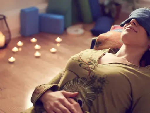 Kvinna med ögonbindel vilar under brahma yoga, omgiven av levande ljus och yogablock.
