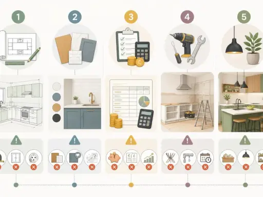 Étapes d'un projet de construction de cuisine : plan, matériaux, budget, outils, finition.