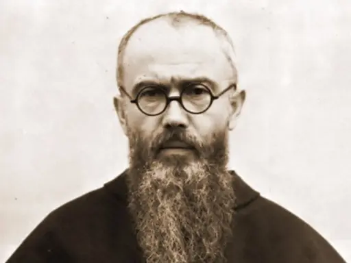 Portret brodatego mężczyzny w okularach, przypominającego świętego Maksymiliana.