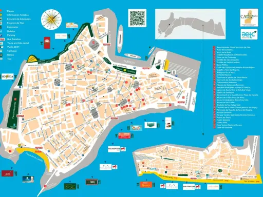 Mapa de Cádiz con puntos de interés, ideal para saber qué hacer en Cádiz con niños: playas, museos, parques y monumentos.