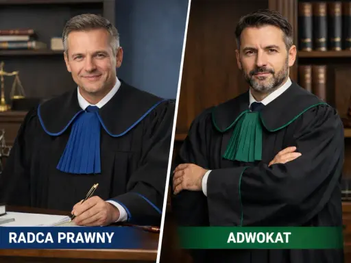Dwóch prawników w togach: radca prawny pisze, adwokat stoi ze skrzyżowanymi rękami.