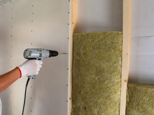Mano con guanto bianco avvita cartongesso su struttura in legno, con isolamento in lana di roccia. Un esempio di isolamento acustico, che riduce il rumore a circa 75 decibel.