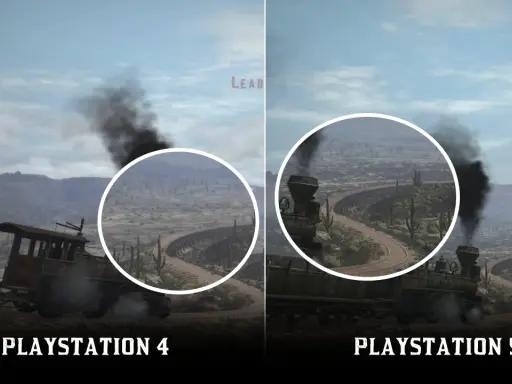 Porównanie grafiki Red Dead Redemption 2 na PS4 i PS5. Pociąg parowy na tle pustynnego krajobrazu z mostem.
