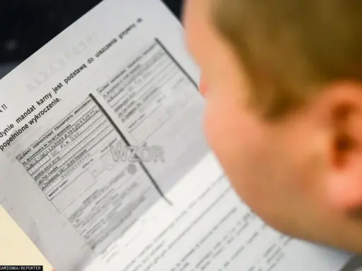 Osoba przygląda się dokumentowi, który pokazuje, jak wygląda mandat z fotoradaru. Widać nagłówek "UWAGA!!" i tekst o podstawie do uiszczenia grzywny.