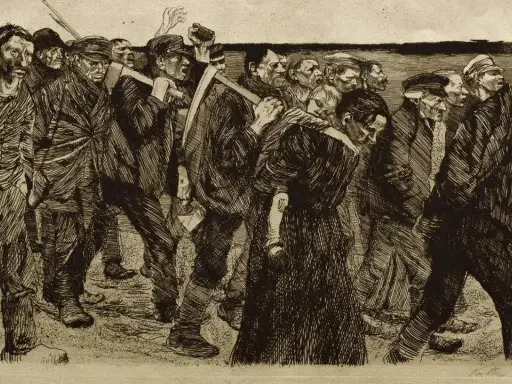 Ein Mann trägt ein Kind auf dem Rücken, während eine Gruppe von Männern, bewaffnet mit Werkzeugen, marschiert. Dies ist eine Darstellung des aufstand der schlesischen weber.