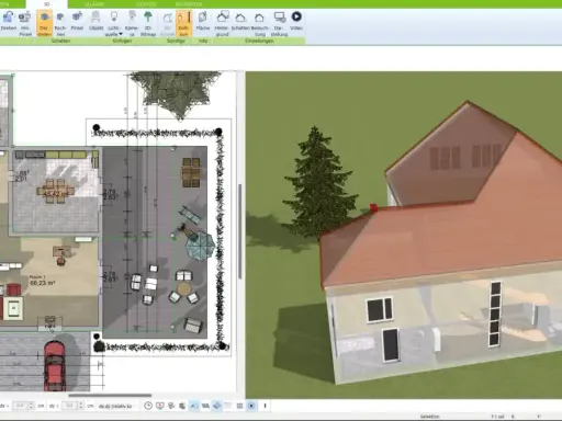 Planung eines Passivhauses mit 3D-Ansicht. Mögliche Nachteile wie hohe Anfangskosten werden hier nicht thematisiert, sondern die Visualisierung des Entwurfs.