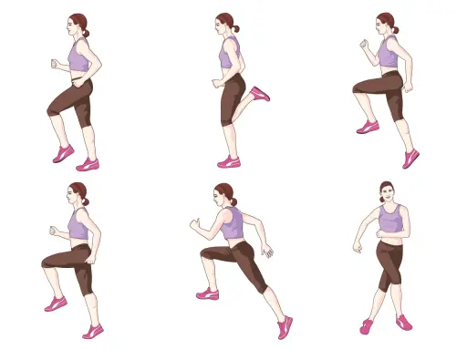 Sechs Illustrationen einer Frau in Sportkleidung, die verschiedene Laufbewegungen ausführt, um zu zeigen, wie man richtig laufen kann.