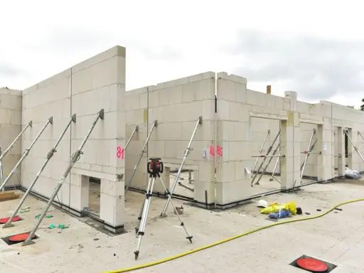 Baustelle mit Kalksandsteinmauern, die mit Stützen gesichert sind. Die Kalksandsteinmauern Kosten pro m2 sind hier im Bau.