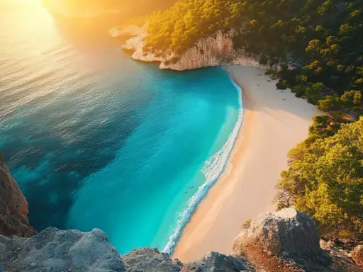 Rajska plaża z turkusową wodą i zielonymi klifami. Idealne miejsce na wakacje, odkryj turcja antalya atrakcje!