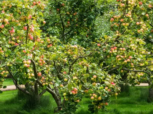 Arbres fruitiers en espalier chargés de pommes rouges et vertes, dans un jardin verdoyant.