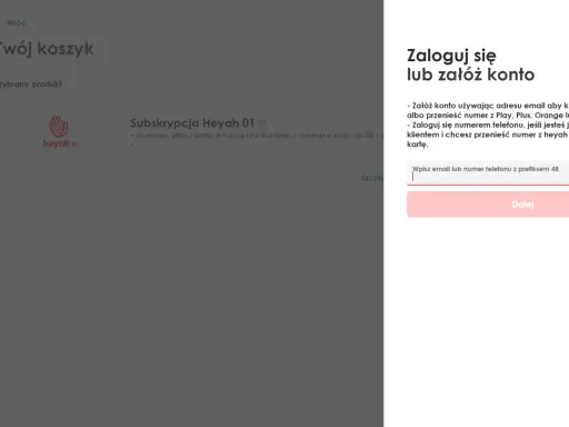 Chcesz przenieść numer do Heyah? Zaloguj się lub załóż konto, by dokończyć proces. Wpisz email lub numer telefonu.